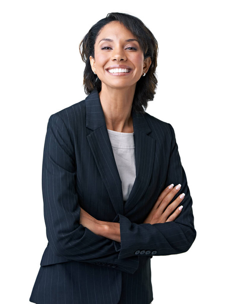 Sie genießt jede Minute ihres Jobs. Studioporträt einer erfolgreichen Geschäftsfrau, die vor weißem Hintergrund posiert. - Foto, Bild