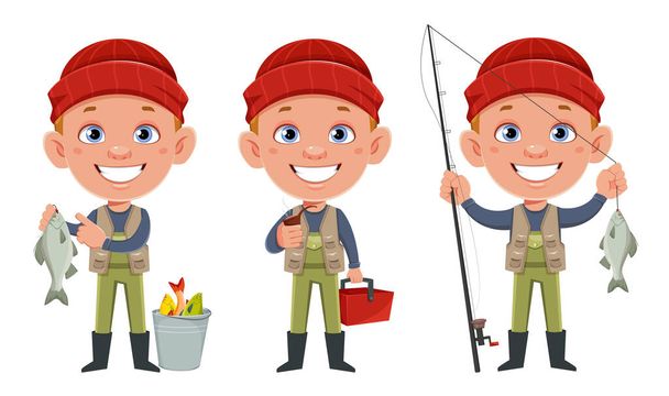 Fisherman, set of three poses. Cheerful fisher cartoon character. Stock vector illustration - Vector, afbeelding