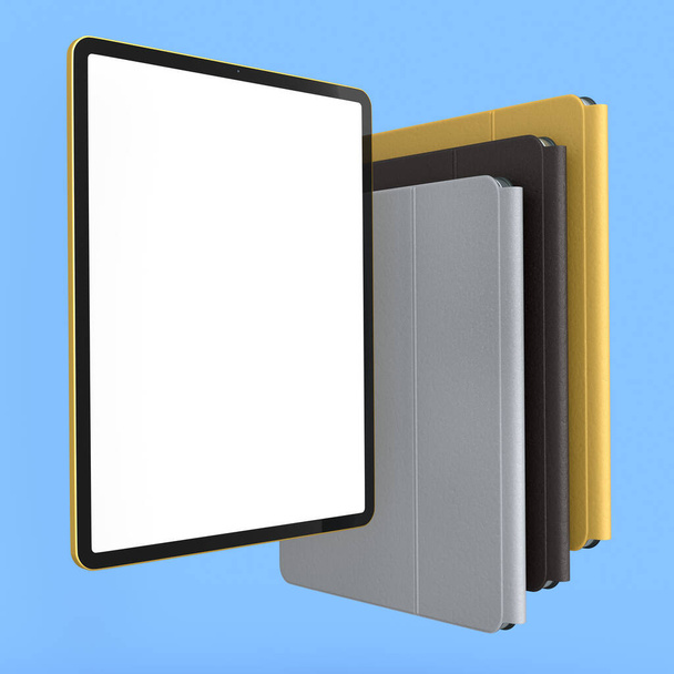 Set of computer tablets with cover case and blank screen isolated on blue background. 3D rendering concept of creative designer equipment and compact workspace - Foto, Bild