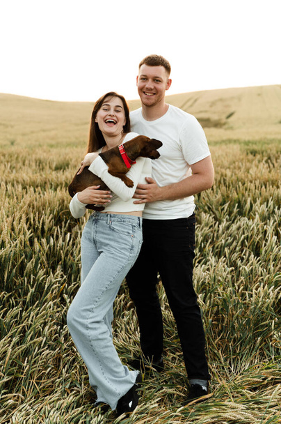 portrait of a young couple with a pet. the guy hugs the girl holding the dog. people in love walking along the field with a dog.lovers with a dog - Fotoğraf, Görsel