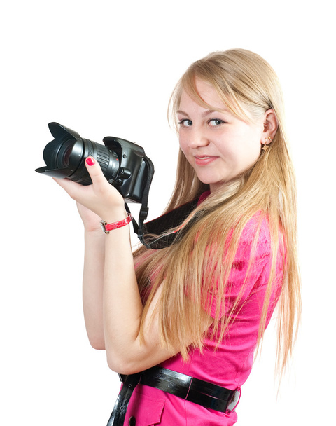 Blonde girl with camera - Foto, imagen