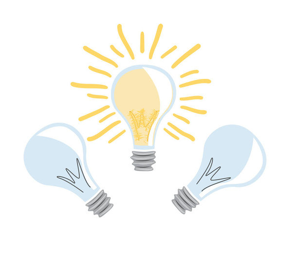 Three bulbs, one is on. Conceptual illustration symbolizes a new idea - Vector, imagen
