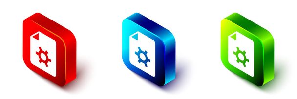 Isometric Document settings with gears icon isolated on white background. Software update, transfer protocol, teamwork tool management. Red, blue and green square button. Vector - ベクター画像
