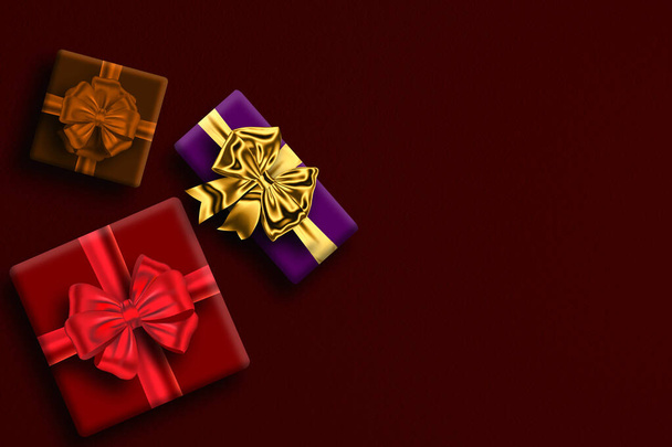 Gift boxes tied with a ribbon on a dark background close up. - Photo, Image