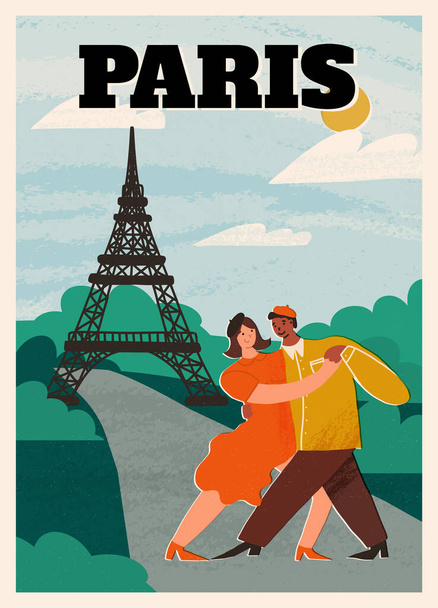 Parigi A4 poster in stile retrò. Carina coppia parigina che balla sulla strada di Parigi con vista sulla Torre Eiffel.  - Vettoriali, immagini
