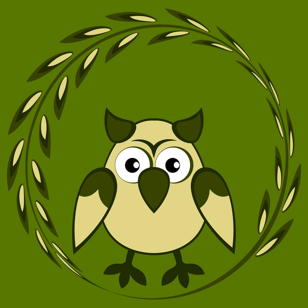 Illustration on a square background - cartoon styled owl, drawing of a child. Design element of books, notebooks, postcards, interior items. Birds - stylization - Διάνυσμα, εικόνα