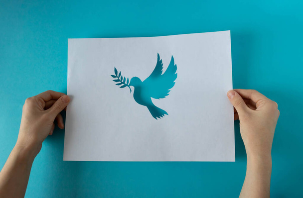 Hands holding a paper pigeon stencil on a blue background. World Peace Day. World Science Day for Peace and Development - Photo, Image