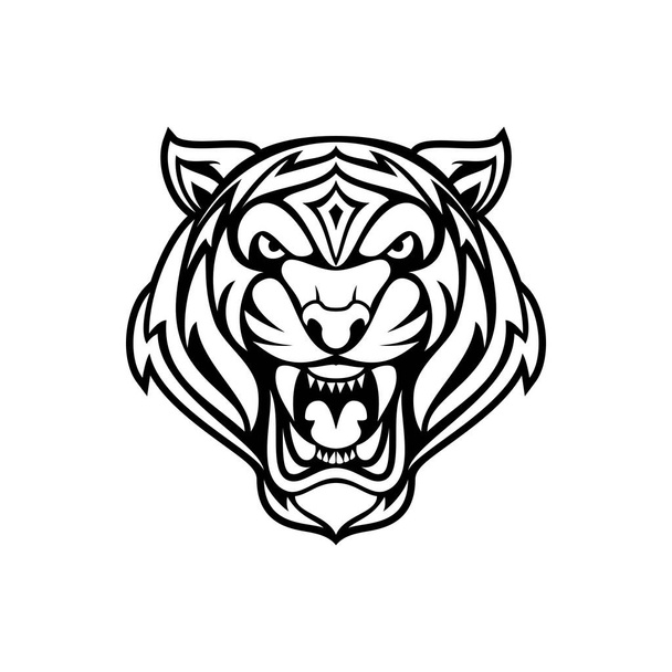 Lion's head in black and white style. Vector illustration of a black front view of a stray cat isolated on a white background. - Vector, Image