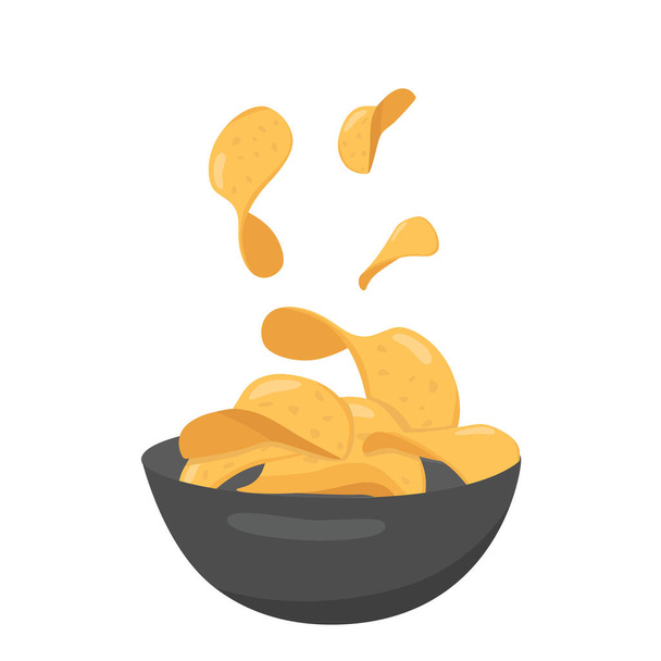 Croustilles de pommes de terre dans un bol en céramique pour restauration rapide. Tranches de pommes de terre frites pour la conception de l'emballage. Illustration vectorielle isolée sur fond blanc. PSE10 - Vecteur, image