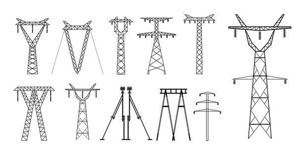 conjunto de icono de línea eléctrica de alto voltaje o torres de alta tensión pilones transmisión de energía o torres eléctricas postes de red. eps vector - Vector, imagen