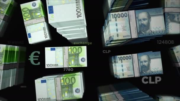 Euro and Chile Peso money exchange. Paper banknotes pack bundle. Concept of trade, economy, competition, crisis, banking and finance. Notes loopable seamless 3d animation. - Footage, Video