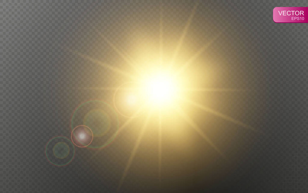 Işınlar, ışıltı ve mercekli sarı güneş, şeffaf arkaplan üzerinde ışık efekti oluşturur - Vektör, Görsel