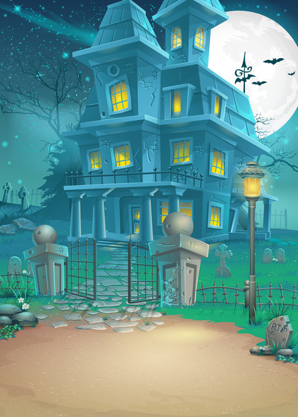 Illustration of a haunted house on a moonlit night - Vector, Image
