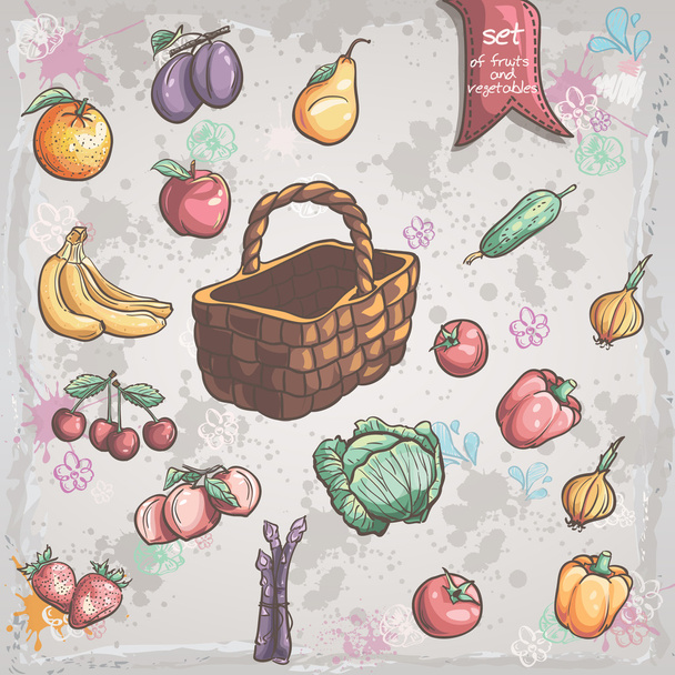 Набор овощей и фруктов с плетеной корзиной
 - Вектор,изображение