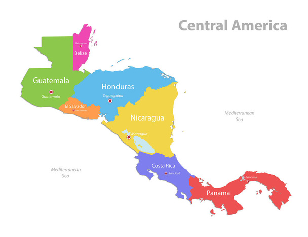 Mappa dell'America centrale, singoli stati separati con nomi di stato, mappa dei colori isolata su vettore di sfondo bianco - Vettoriali, immagini