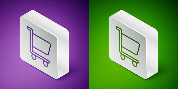 Mor ve yeşil arka planda izole edilmiş Isome marka alışveriş arabası simgesi. İnternetten satın alma konsepti. Servis tabelası. Süpermarket sepeti sembolü. Gümüş kare düğme. Vektör - Vektör, Görsel