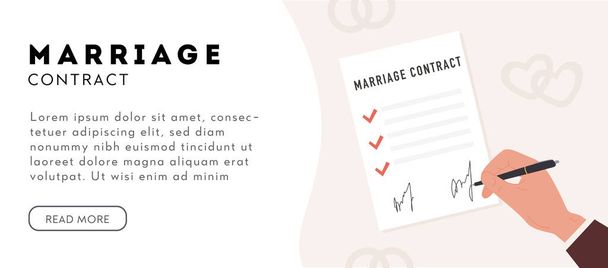 Ένα χέρι με στυλό που υπογράφει γαμήλιο συμβόλαιο. Προγαμιαίο συμβόλαιο υπογεγραμμένο πρότυπο banner. Έντυπο προγαμιαίου συμβολαίου με σημεία ελέγχου και υπογραφές. Έγγραφο διαζυγίου. Διάνυσμα επίπεδη απεικόνιση στυλ - Διάνυσμα, εικόνα