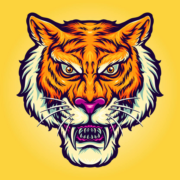 Illustrations vectorielles de la tête de tigre en colère pour votre travail Logo, t-shirt mascotte, autocollants et designs d'étiquettes, poster, cartes de vœux publicité entreprise ou marques. - Vecteur, image