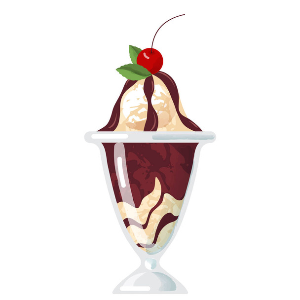 ice cream drawing vector watercolor with textures. vanilla ice cream with chocolate and cherry berries on top in a glass is painted with a watercolor effect and isolated on a white background. stock vector illustration. EPS 10. - Vector, imagen