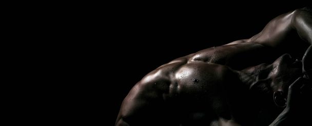 Muscular sexy man. Banner templates with muscular man, muscular torso, six pack abs muscle. - 写真・画像