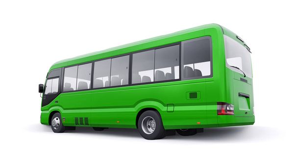 Kleine groene bus voor stedelijke en voorstedelijke reizen. Auto met leeg lichaam voor design en reclame. 3d illustratie. - Foto, afbeelding