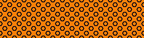 Patrón sin costuras. Imagen de una nuez sobre un fondo naranja. hexágono negro. Banner para la inserción en el sitio. renderizado 3d. Imagen 3d. - Foto, Imagen
