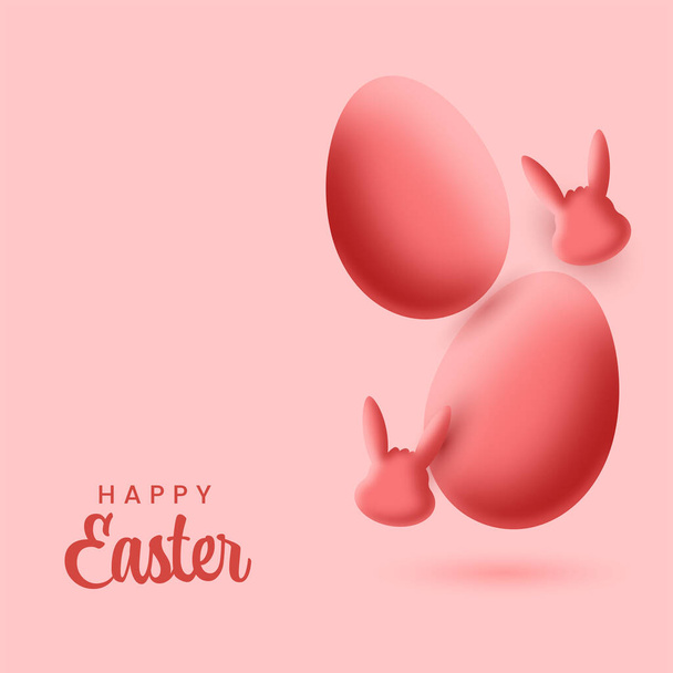 Happy Easter Concept With Glossy Eggs And Bunnies Face On Pastel Red Background. - ベクター画像