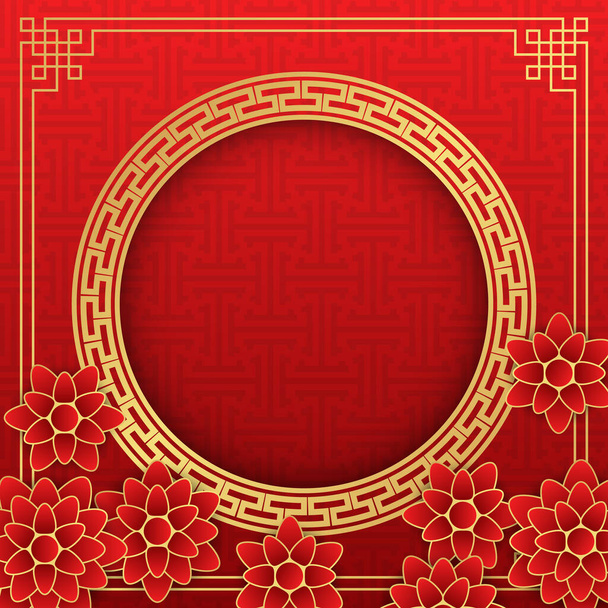 Китайский фон, декоративный классический праздничный красный фон и золотая рамка, векторная иллюстрация - Вектор,изображение