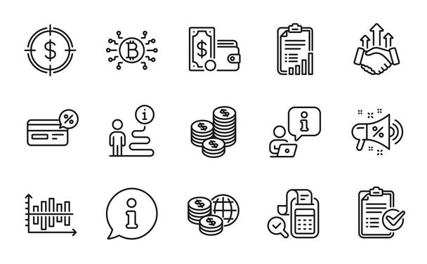 Finance icons set. Included icon as Bill accounting, Deal, Survey checklist signs. Dollar target, Diagram chart, World money symbols. Sale megaphone, Bitcoin system, Checklist. Cashback. Vector - Vettoriali, immagini