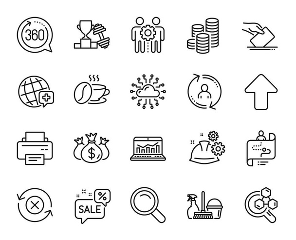 Vector set of User info, Coffee cup and Printer line icons set. Dumbbell, Household service and World medicine icons. Reject refresh, Coins and Search signs. User info web symbol. Vector - Διάνυσμα, εικόνα
