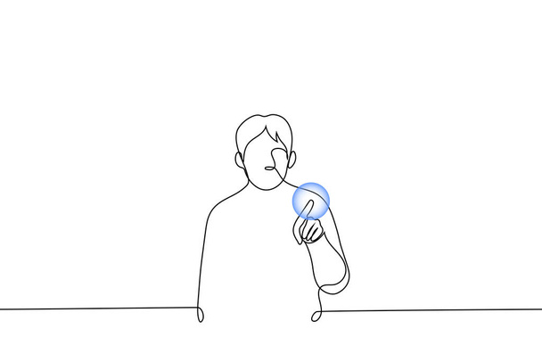 hombre metiendo el dedo en la burbuja - un vector de dibujo de línea. concepto de entretenimiento con burbujas de jabón, burbuja económica, esquemas fraudulentos financieros - Vector, imagen