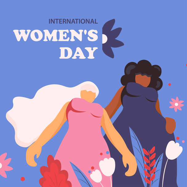 Uluslararası Kadınlar Günü. Kadın yetkilendirme hareketi. Farklı etnik kökenden düz vektör kız - Vektör, Görsel