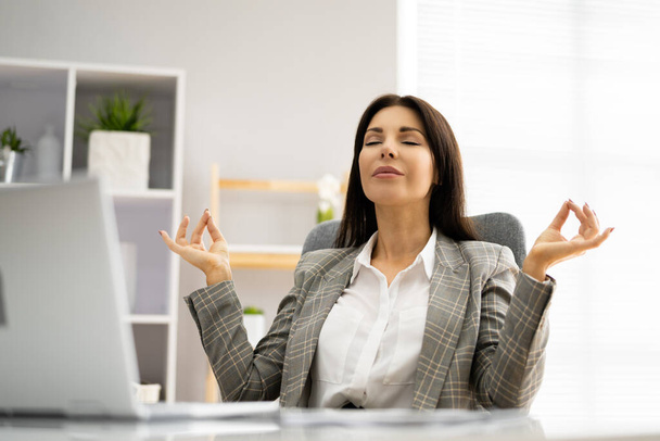 Healthy Yoga Meditation Exercise In Office Chair At Workplace - Photo, image