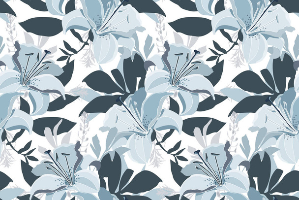 Vector floral seamless pattern. Design with blue lily flowers and leaves isolated on a white background.  - Vecteur, image