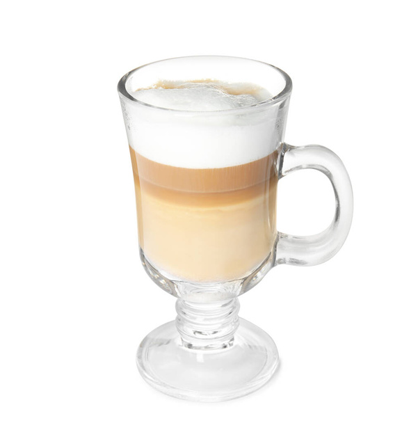 Glass of delicious latte macchiato on white background - 写真・画像