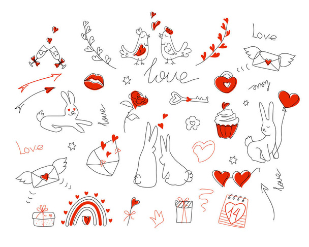 Een grote vector set van liefde symbolen in doodle stijl - Vector, afbeelding