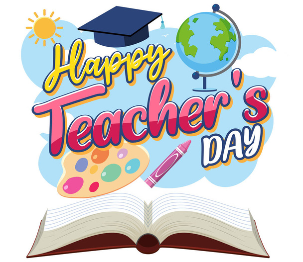 Щасливий банер Дня вчителя з шкільними предметами ілюстрація
 - Вектор, зображення