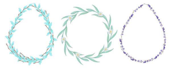Un conjunto de marcos decorativos, ilustraciones de acuarela de flores, margaritas, sauces - Foto, imagen