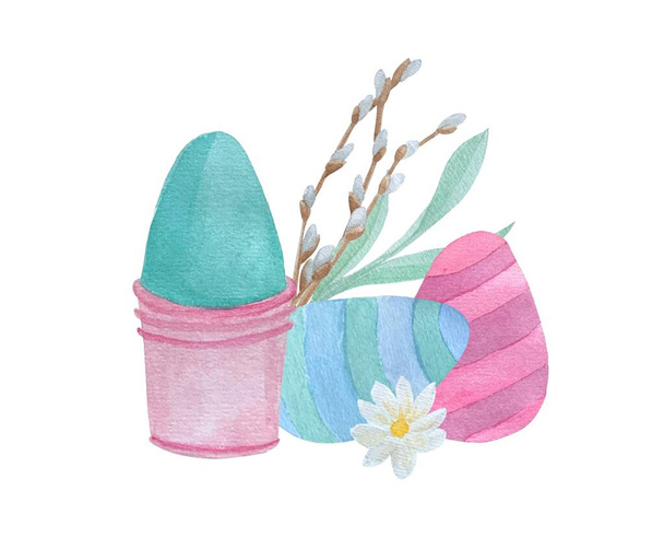 Húsvét összetétele festett tojás, fűzfa, gallyak, kamilla, akvarell illusztráció - Fotó, kép