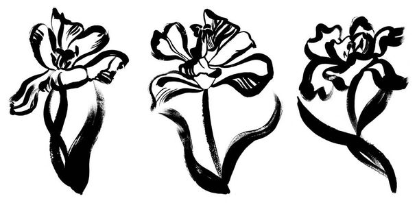 Un conjunto de flores de tulipán monocromáticas dibujadas en gouache negro - Foto, imagen