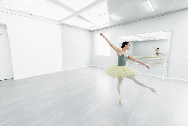 mujer elegante en tutú bailando en amplio estudio de ballet - Foto, imagen