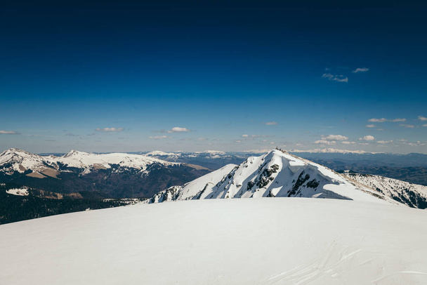 Χιόνι στα βουνά, κωνοφόρα δάση, γαλάζιος ουρανός άνοιξη - Φωτογραφία, εικόνα