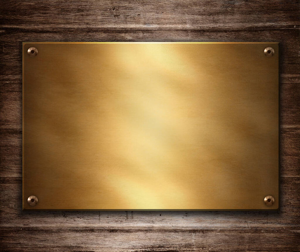 gold plaque on wood background - Foto, Imagem