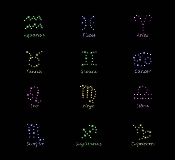 Infografía de los 12 signos del zodíaco. Colores para señales de aire, agua, fuego y tierra. - Foto, Imagen
