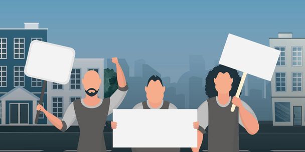 A crowd of guys with banners in their hands came out to protest. Prosky style. Vector illustration. - Vector, Image