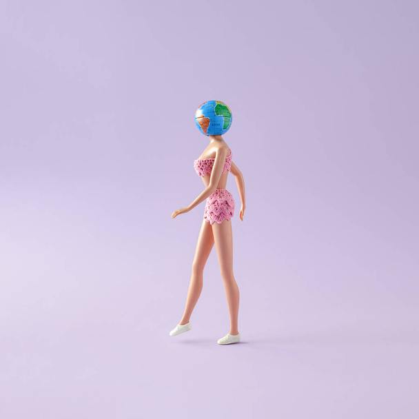 Poupée fille avec un globe au lieu d'une tête marchant sur fond violet. Concept de mode minimale créative. - Photo, image