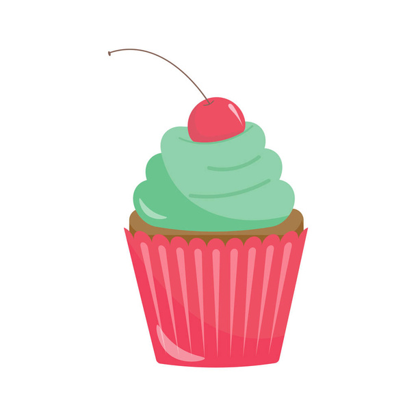 Festlich gefärbter Cupcake mit grüner Sahne und Kirschen  - Vektor, Bild