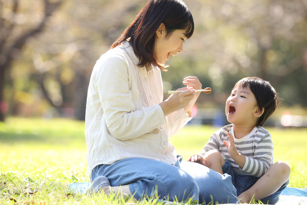 asijské matka having oběd s ji syn v park - Fotografie, Obrázek