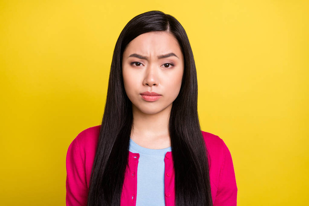 Photo of unhappy upset doubtful young woman distrust puzzled face isolated on shine yellow color background - Fotoğraf, Görsel