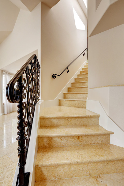 Marble staircase with black wrought iron railing - Φωτογραφία, εικόνα